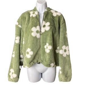 Free Haven Hoodie Jacket Women's SZ Small Green Floral Faux Fur Full Zip Pockets